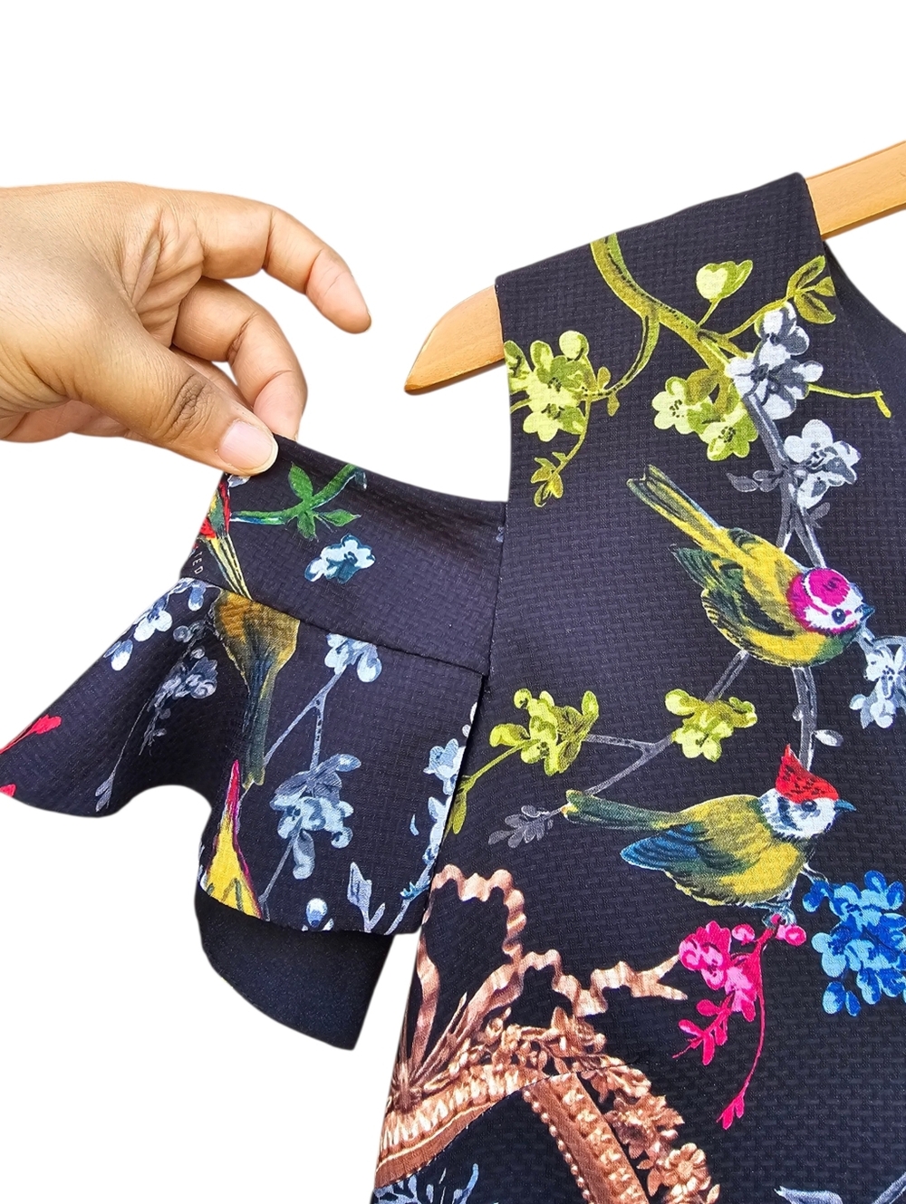 Ted Baker Black Bird & Floral Cold-Shoulder Mini Dress Size 3 (8 US) - Picture 6 of 13